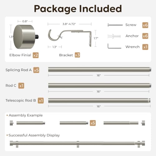 Zeerobee Curtain Rods for Windows 66 to 120 Inch, Brushed Nickel Curtain Rod - color: Brushed Nickel, size: 32"-120"