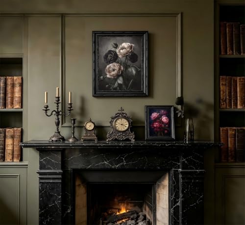 Dark Floral Gothic Wall Art Framed, Vintage Black Poppy Flower Canvas Print with Ornate Carved Frame, Dark Academia Aesthetic Wall Decor for Bedroom Living Room Halloween - color: Black Poppy Flower, size: 24"L x 16"W