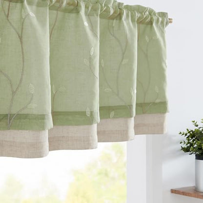 jinchan Linen Kitchen Valance Sheer Leaf Embroidered 18 Inch 1 Panel Green - color: Leaf | Beige on Green