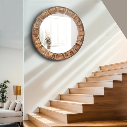 30 Inch Dark Brown Solid Wood Round Wall Mirror - color: A - Round - 30x30 in