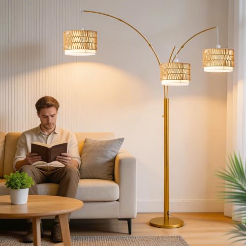 Gold Arc Floor Lamp for Living Room, Boho Floor Lamp with Stepless Dimmable Switch, Rattan Standing Lamp with Wicker&Fabric Shade, Mid Century Tall Lamp for Bedroom Over Couch Reading