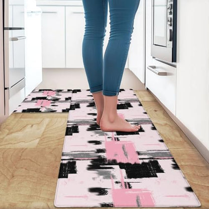 Feelyou Abstract Art Cushioned Rugs Kitchen 2PCS 32x29 32x47 Waterproof - color: Pink Grey Black