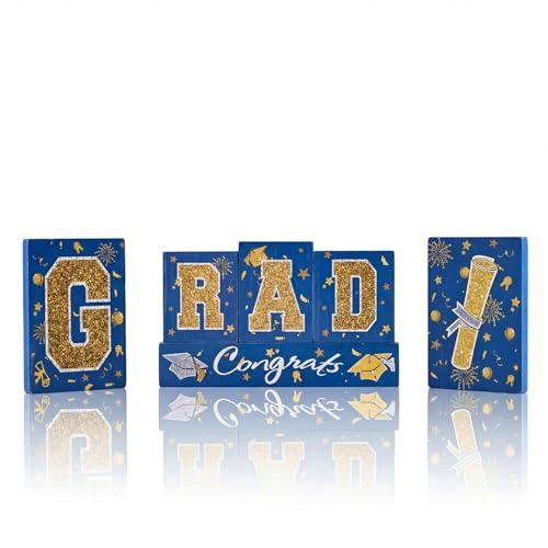 Smile GRAD Wooden Block Decor Set, 6-Piece Blue(Science) & Gold Glittered Letter Blocks with Congrats Banner, Tiered Tray Tabletop Signs for Graduation Party Decorations - style: Grad Blue