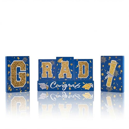 Smile GRAD Wooden Block Decor Set, 6-Piece Blue(Science) & Gold Glittered Letter Blocks with Congrats Banner, Tiered Tray Tabletop Signs for Graduation Party Decorations - style: Grad Blue