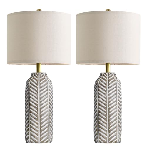 BOBOMOMO 26" Retro Farmhouse Lamps Set of 2 - Vintage Leaf Design, Living Room Lamps with Linen Shades, Rustic Resin Lamp for Bedroom, Living Room, Nightstand, Entryway, Nursery, Wood Grain - color: Weathered wood Color