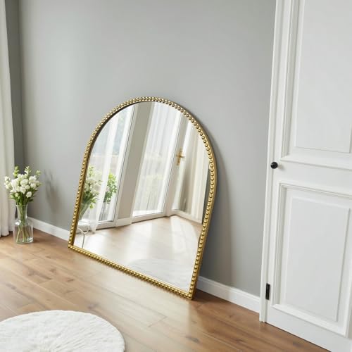 33"x 31"Arched Dresser Mirror, Antique Gold Wall Mirror Metal Beaded Frame for Living Room, Bedroom, Entryway, Bathroom