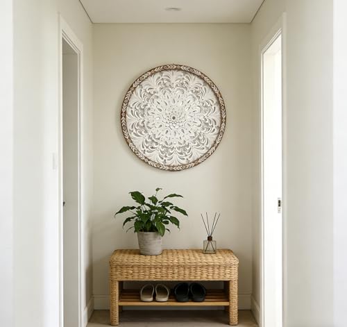 TwinLakes 24.8’’ Wooden Carved Mandala Wall Sculptures, Round Cutout Floral Wall Panel, Bohemian Wall Art for Living Room, Bedroom, Kitchen, Entryway