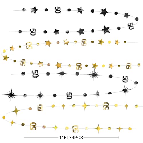 Black Gold 50th Birthday Decorations Number 50 Circle Dot Twinkle Star Garland Metallic Hanging Streamer Banner Backdrop for Women Mens 50 Years Old Birthday Happy 50th Anniversary Party Supplies - color: Black Gold