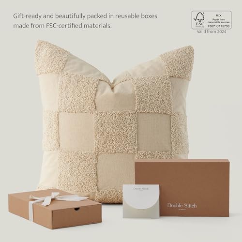 Double Stitch 100% Cotton Tufted Boho Checkered Throw Pillow Covers, Oat - color: Oat, size: 20" x 20" (Pack of 2)