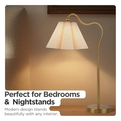 Table Lamp with Beige Pleated Linen Shade, Curved Gold Metal Base, E26 Socket – 23" Tall Modern Bedside Desk Lamp for Bedroom, Living Room, Office – Bulb Not Included - color: Gold