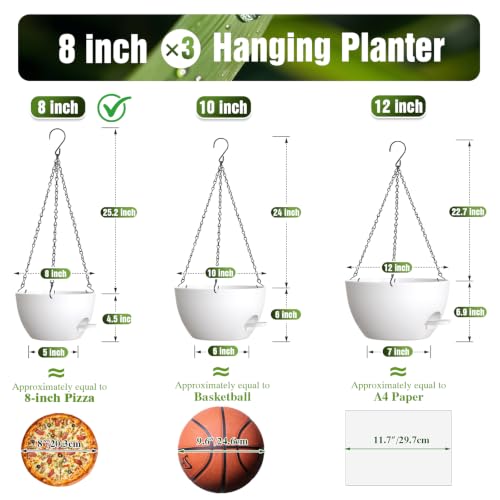 8 Inch Self Watering Hanging Planters Set of 3 with Saucers - color: White, size: 8 Inch 3 Pack