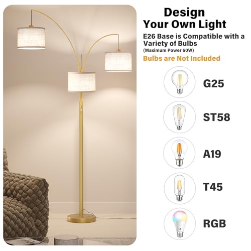 SUNMORY 3 Lights Floor Lamps for Living Room，78" Tall Arc Standing Lamp - color: Gold (Rotary Switch)