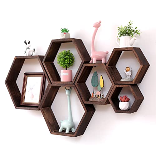 WONFUlity Hexagon Floating Shelves, Hexagonal Shelf Wall Mounted Storage - color: Brown, size: 6PC