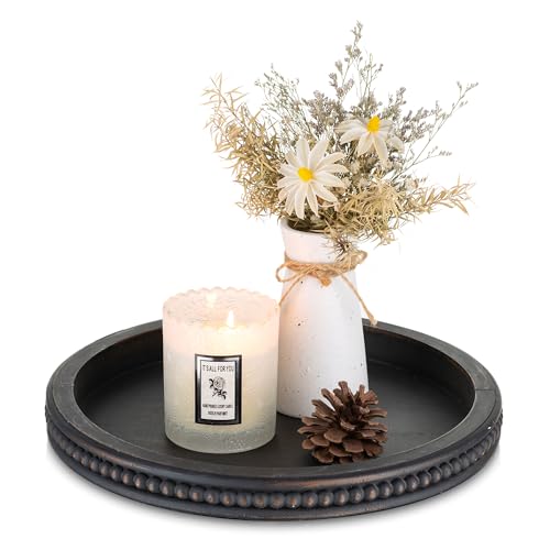 Hanobe Round Decorative Tray with Beaded Edge, Distressed Dark Brown Finish - color: Vintage Black