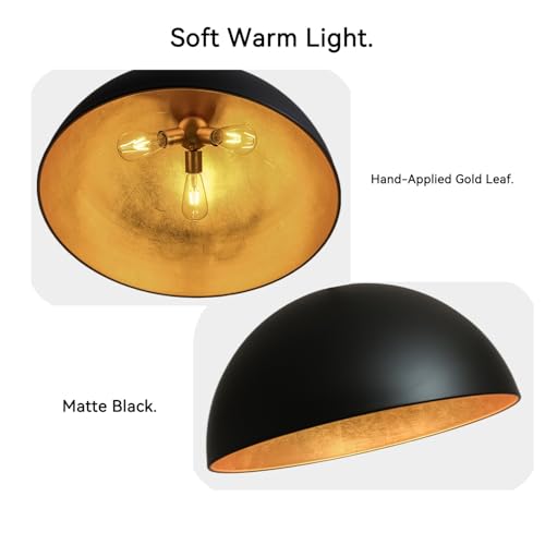 23.6 Inch Large Dome Pendant Light- Black and Gold Pendant Light with Gold Leaf Interior, Farmhouse Industrial Chandelier for Long Dining Table, Bar, Cafe - size: 23.6" Dome