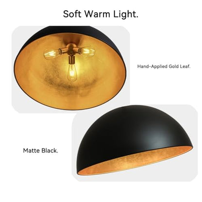23.6 Inch Large Dome Pendant Light- Black and Gold Pendant Light with Gold Leaf Interior, Farmhouse Industrial Chandelier for Long Dining Table, Bar, Cafe - size: 23.6" Dome