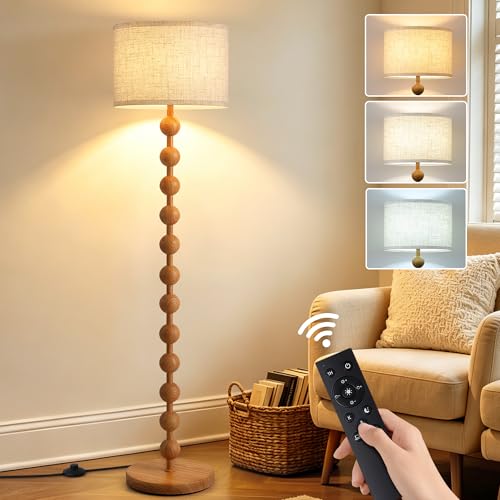 62" Farmhouse Floor Lamp with Remote, Dimmable Standing Lamp,Natural Wood - color: Natural Wood