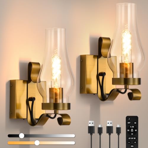 Vintage Battery Operated Wall Sconces Set of 2, Rustic Wall Lights - color: Gold