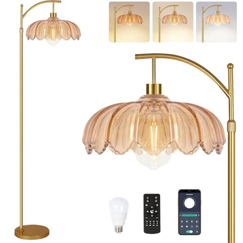 QIYIZM Floor Lamp for Living Room,Bedroom,Gold Dimmable Standing Lamp with Remote,Mid Century Modern Brass Tall Lamp Retro Vintage Green Glass Lamp Floor Light Boho Bohemian - size: Floor Lamp--2