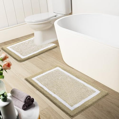 OLANLY Toilet Rugs U-Shaped 24x20, Absorbent Microfiber Bath Mat, Beige - color: Beige and White, size: 24" X 20" Contour Rug