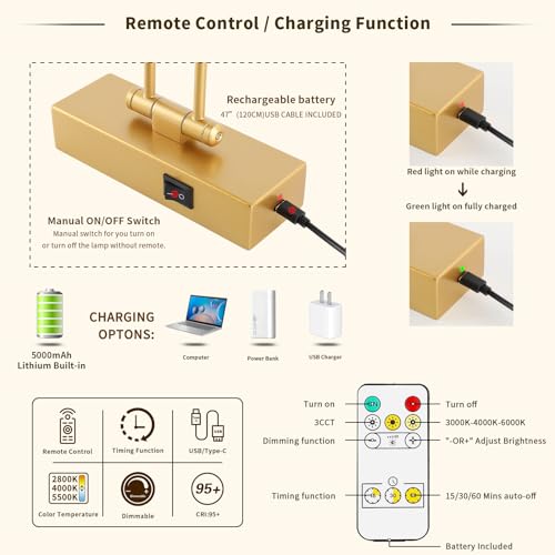 Battery Operated Picture Lights with Remote and Timer,Wireless Art Light for Paintings with Adjustable Swing Arm Gold Gallery Lights 12in Rechargeable Wall Sconce - color: Model B-Gold