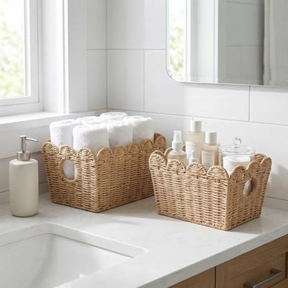 Scalloped Storage Baskets Set of 2, Built-In Handles