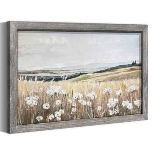 summer melody Landscape Framed Wall Art Rustic Wood Decor 45x30 Inch | Wildness Scenery, Countryside Picture, Natural Floral Painting, Farmhouse Style, Country Artwork for Living Room, Home Office - color: Brown, size: 45"L x 30"W