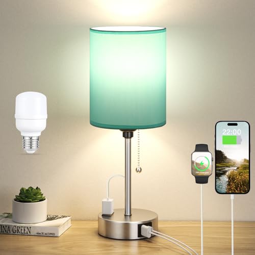 Small Bedside Table Lamp for Bedroom - Desk Lamp with USB Ports for Dorm - color: Teal-Silver, size: 14.6 in