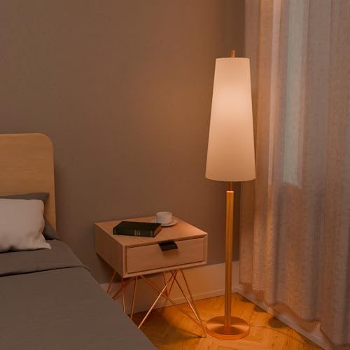 Globe Electric 63" Matte Brass Floor Lamp with Wood Toned Accent and Long White Fabric Shade - color: Matte Brass, Genevieve