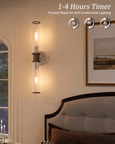 Rayogale Nickel & Walnut Wireless Battery Operated Wall Sconces with Remote - color: Nickel & Walnut(Clear Tubular Lampshade)