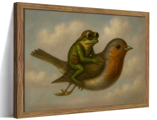Vintage Frog Riding Bird Framed Wall Art, Whimsical Aviator Frog Oil Painting Print with Wood Frame, Antique Cottagecore Animal Picture Wall Decor for Living Room Bedroom Nursery 16x24 inch - color: Frog Riding a Bird, size: 24"L x 16"W