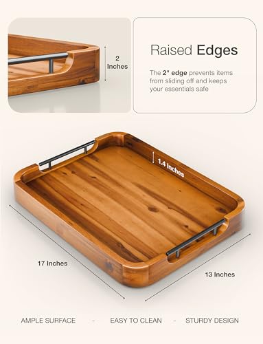 TIDITA 17"x13" Rectangular Wooden Serving Tray, Metal Handles Ottoman Tray - color: Acacia Color, size: 17" x 13" x 2"