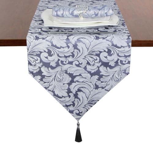 EHouseHome Jacquard Damask Reversible Blue and Grey Table Runners with Tassels 13 x 72 inch Wrinkle and Water Resistant Spill-Proof Decorative Dining and Wedding Runners - color: B&g With Tassels
