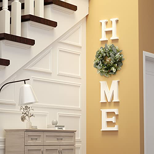 MAYICIVO Modern Wooden Home Sign with Artificial Eucalyptus Wreath, White and Beige, 13.81 inches Diameter, Wall Mount, MDF Wood, Plastic - color: White