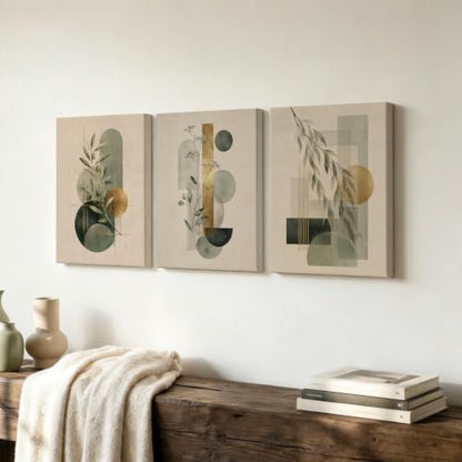 CUQQI Neutral Abstract Wall Art Set, Green Gold Canvas Prints 16x24In - color: Fern lines, size: 24" H x 16" W x 3Pcs