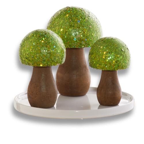 Your Heart's Content Green Glitter Mushrooms, Set of 3 (Green) - color: Green Glitz 3