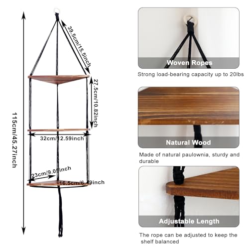 Artilady Corner Shelf Macrame Wall Hanging, 3 Tier Black Boho Storage Decor - color: Black - 3 Tier