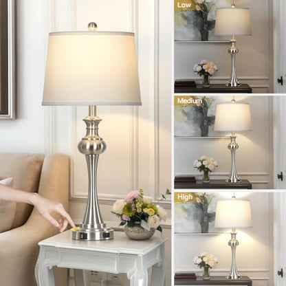 28.75" Silver Table Lamps for Living Room,Touch Lamps for Bedrooms Bedside Lamp 3-Way Dimmable Touch Control, Modern Silver Nightstand Lamp Fabric Shade Mid Century Accent Style（Bulb Inclued） - color: 1Pack-Silver