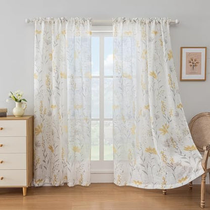 SUOUO Yellow Floral Semi-Sheer Curtains 84 Inches 2 Panels Rod Pocket - color: Yellow-grey, size: 52"W x 84"L (Pack of 2)