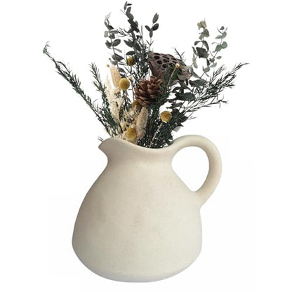 Rustic Ceramic Pitcher Vase with Handle, Antique Farmhouse Matte Textured Plain Neutral Unfinished Rough Clay Jug Pottery Vases for Home Decor… - size: 6.3''A