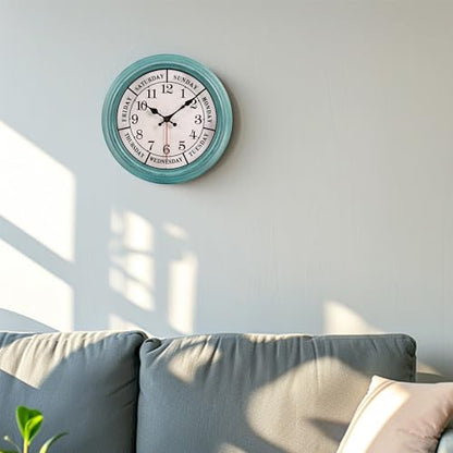 zyzamay 12 Inch Retro Wall Clock,Classic Day of The Week Wall Clock,Easy to Read,Non-Ticking Round Classic(Green) - color: 12 Week Green