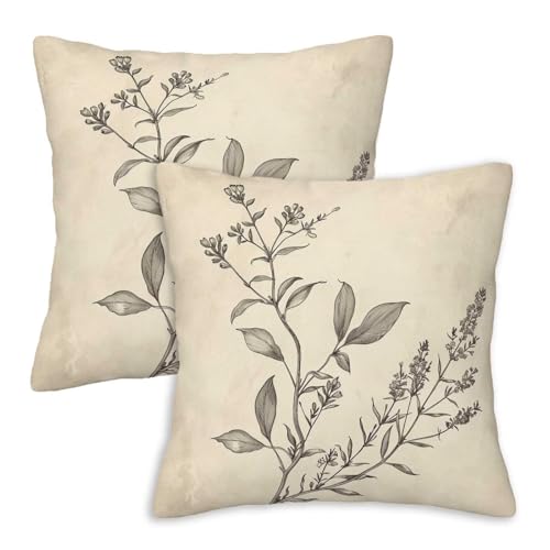 Firmiso Beige Neutral Botanical Throw Pillow Covers 18x18 Set of 2, Cream Vintage Plant Sketch Decorative Cushion Covers, Farmhouse Minimalist Nature Pillow Cases for Sofa Couch Bedroom Living Room - color: Vintage Botanical