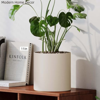 10 Inch Beige Metal Plant Pot with Drainage Hole, Indoor Outdoor - color: 10 Inch Beige