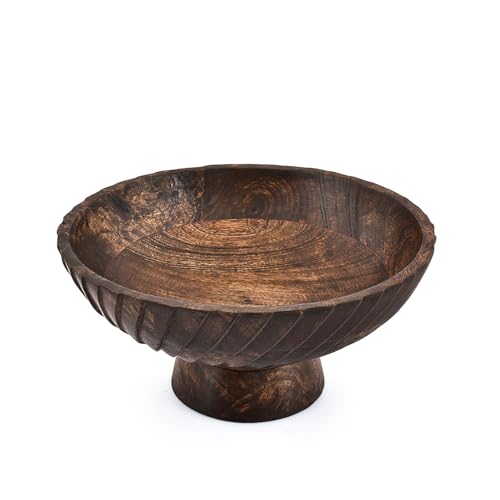 Samhita Fruit Bowl Pedestal Wooden Centerpiece Bowl for Kitchen Counter, Dining Table & Farmhouse Home Décor Display (10" x 10" x 4.75")