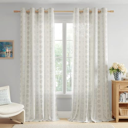 Blue Linen Boho Curtains 96 Inch Farmhouse Grommet Top 2 Panels - color: Boho | Blue, size: 52"W x 96"L (Pack of 2)