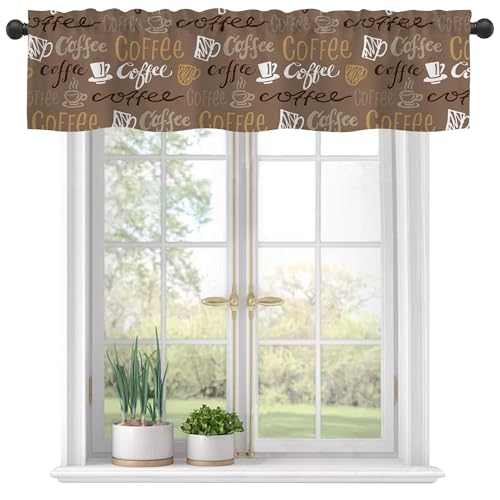 Curtain Valances,Hand Drawn Doodle Coffee Time Semi Sheer Kitchen Windows Valances, Rod Pocket Short Window Treatment Light Filtering Decor Valances for Kitchen Living Room Bedroom - 42"x12" - color: Hand Drawn Doodle Coffee Time, size: 12"W x 42"L (Pack