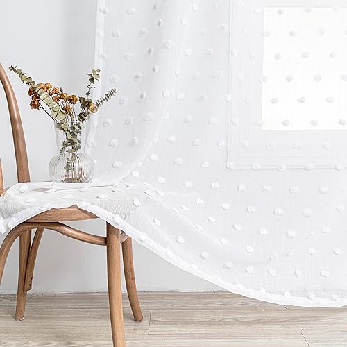MYSKY HOME White Pom Pom Sheer Curtains for Girls Bedroom 45 Inch 2 Panels - color: White Pom Pom, size: 50"W x 45"L (Pack of 2)