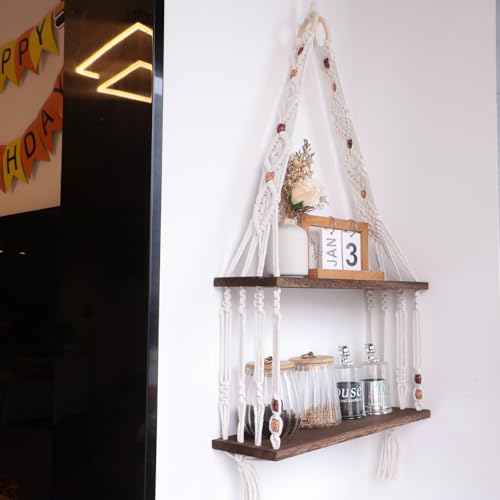 TENEWEE Macrame Wall Hanging Shelf for Boho Room Decor - color: Black