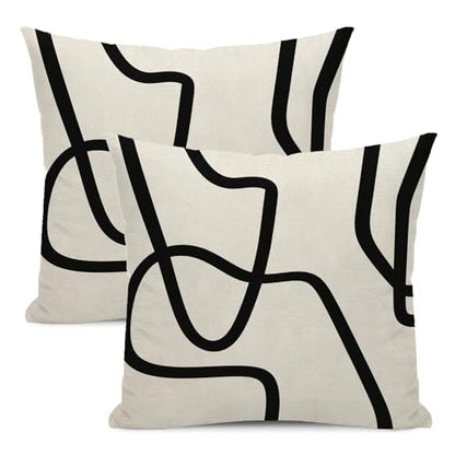 Boho Abstract Black Beige Art Line Pillow Covers 16x16 Set of 2 - color: Black Art Line-q, size: 16" x 16" (Pack of 2)