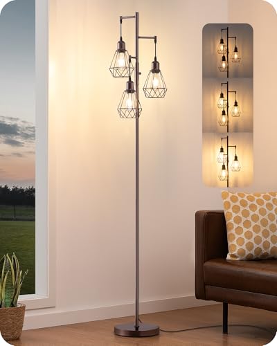 EDISHINE 70" Industrial 3 Light Floor Lamp with 3 LED Bulbs, Dimmable - color: Brown
